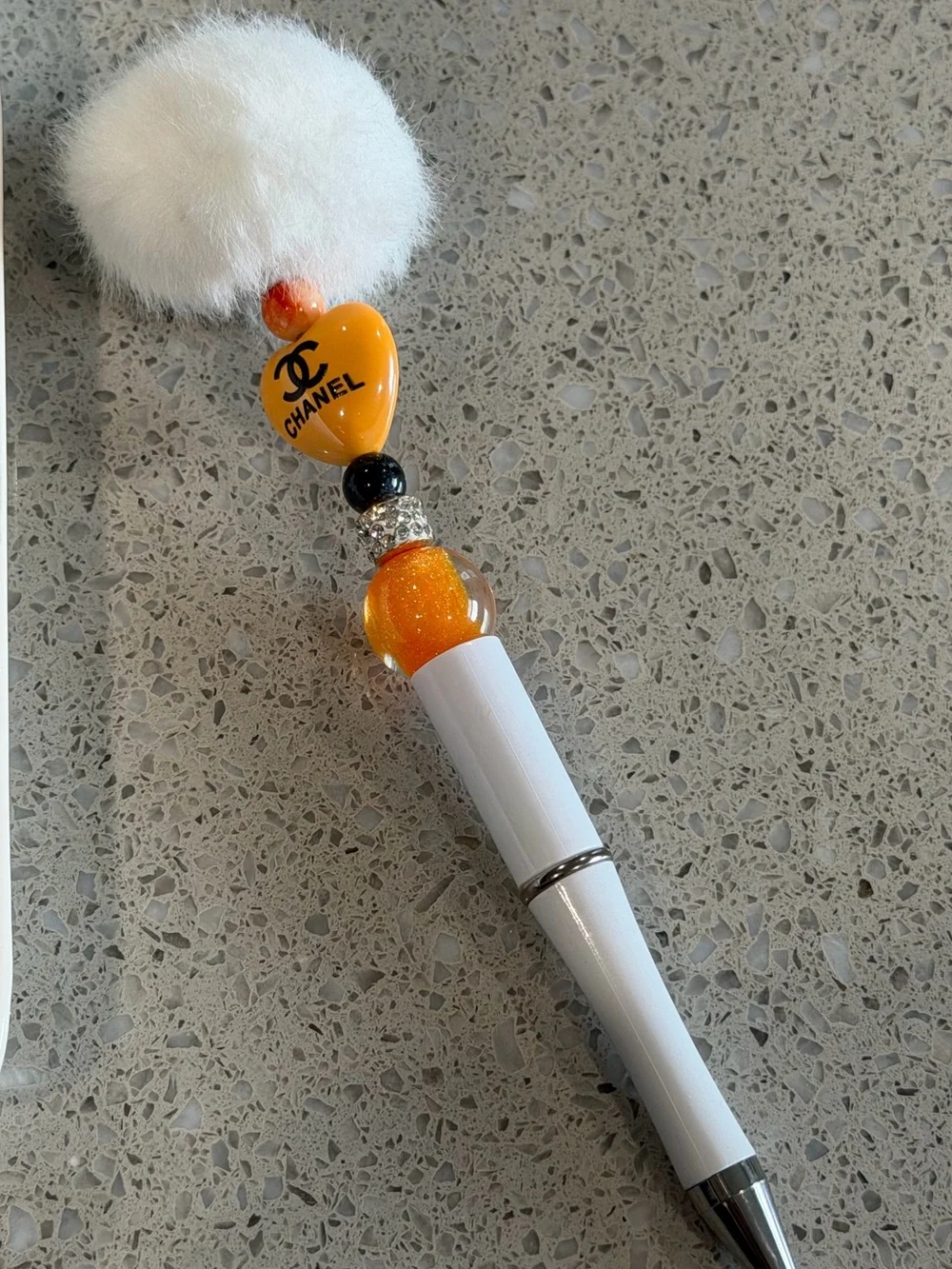 LUXURY INSPIRED White Pen with Orange Heart Charm and Gold Sparkle Bead